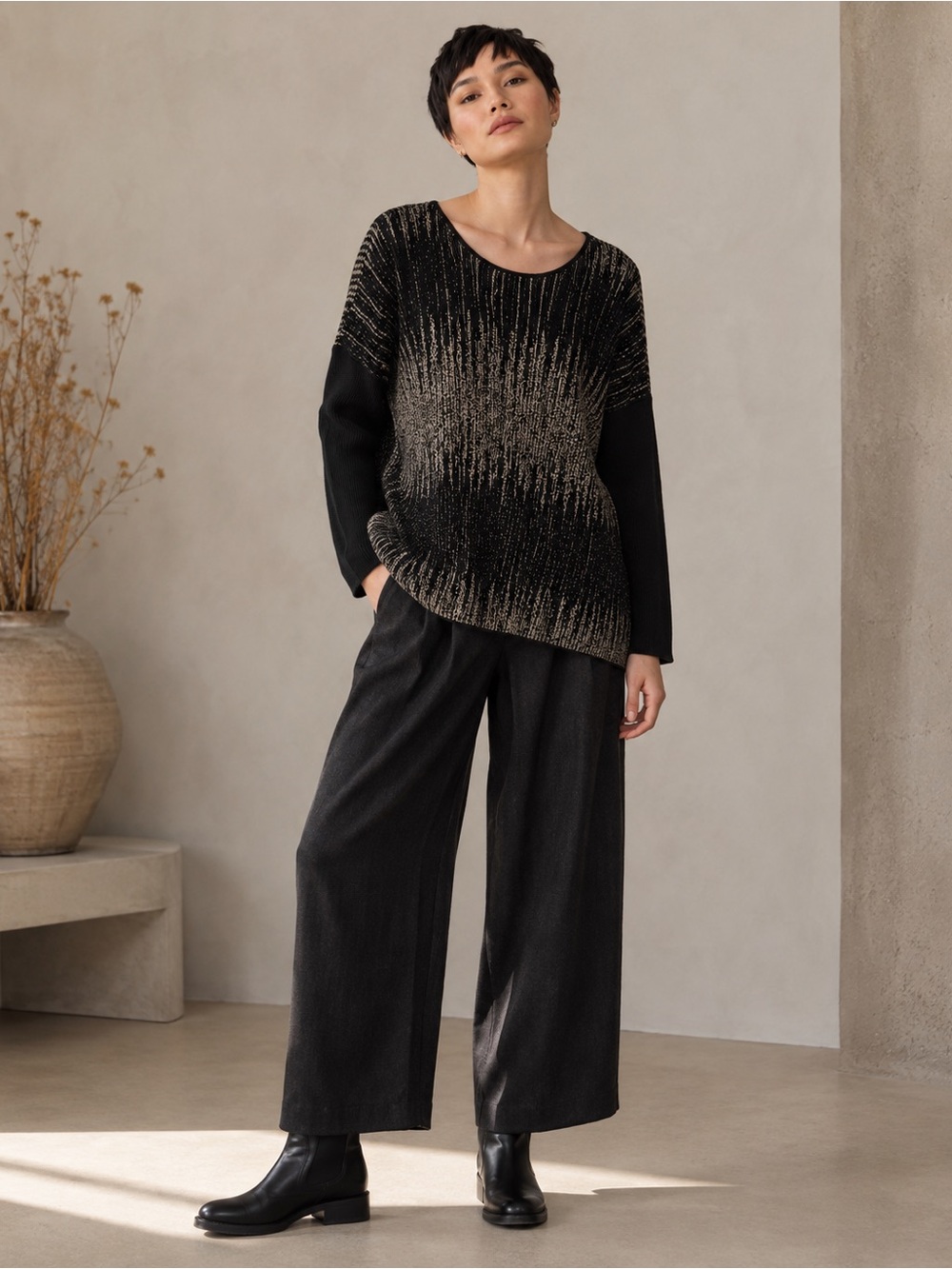 EILEEN FISHER WOMAN BLACK GRAY WOOL LINEN BLEND SCOOP NECK SWEATER TOP SZ 2X